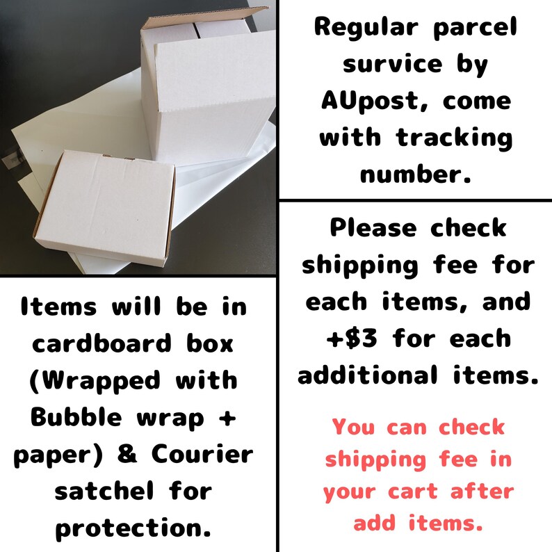 May include: Two white cardboard boxes, one open, sit on white paper. Text on the image states items will be in a cardboard box, wrapped with bubble wrap and paper, and a courier satchel for protection.