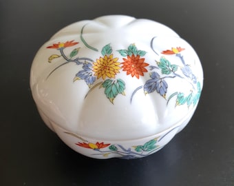Vintage Yellow Red Flower White Porcelain Trinket Box - Made in Japan