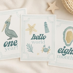 Hand‑Drawn Coastal Baby Milestone Cards – 12 Printable Watercolor Cards for Beachy First Year Moments