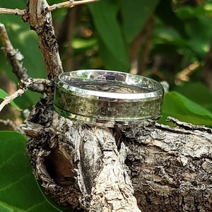 Moldavite Crystal Inlay Ring, Tungsten Carbide Titanium, Men & Women, Wedding Ring, His Hers Promise Ring, Engagement Ring