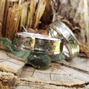 Moldavite Couples Crystal Inlay Ring, Tungsten Titanium Ceramic, Men & Women, Wedding Ring, His Hers Promise Ring, Engagement Ring, 8mm 6mm