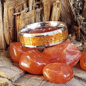Wildfire Ring - Carnelian Crystal Inlay, Tungsten Titanium Ceramic, Men Women, Wedding Ring, His Hers Promise, Engagement Ring 8mm 6mm