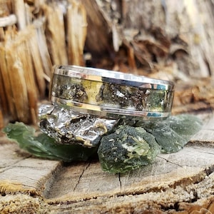 Impact Ring - Moldavite and Gibeon Meteorite Inlay Ring, Tungsten Titanium, Men & Women, Wedding Ring, His Hers Promise, Engagement Ring
