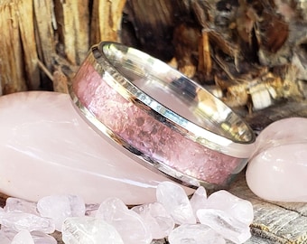 Pure Love Ring - Rose Quartz Crystal Inlay, Tungsten Titanium Ceramic, Men Women, Wedding Ring, His Hers Promise, Engagement Ring 8mm 6mm
