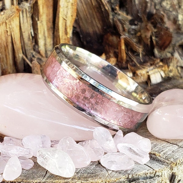 Bague Pure Love - Incrustation de cristal de quartz rose, céramique tungstène-titane, homme femme, alliance, promesse à la femme, bague de fiançailles 8 mm 6 mm