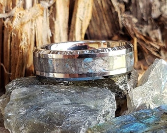 Borealis Ring - Labradorite Crystal Inlay, Tungsten Titanium Ceramic, Men Women, Wedding Ring, His Hers Promise, Engagement Ring 8mm 6mm