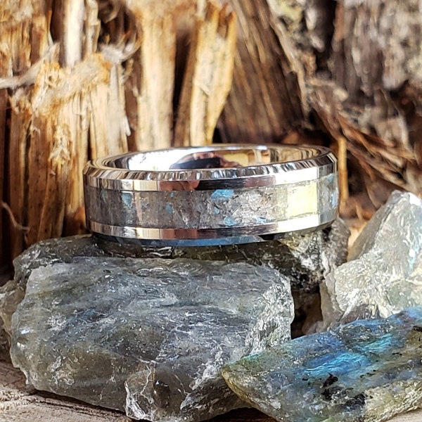 Borealis Ring - Labradorite Crystal Inlay, Tungsten Titanium Ceramic, Men Women, Wedding Ring, His Hers Promise, Engagement Ring 8mm 6mm