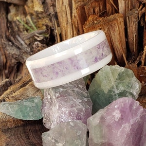 Rainbow Fluorite Crystal Inlay with Titanium, Tungsten, Black Ceramic, White Ceramic Band, 8mm