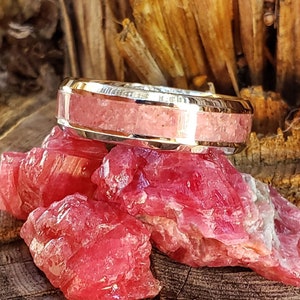 Rose Ring - Rhodonite Crystal Inlay, Tungsten Titanium Ceramic, Men Women, Wedding Ring, His Hers Promise, Engagement Rings 8mm 6mm