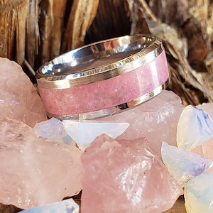 Sweet Tooth Glow Ring - Rose Quartz & Opalite Crystal Inlay with Titanium, Tungsten, Black Ceramic, White Ceramic Band, 8mm