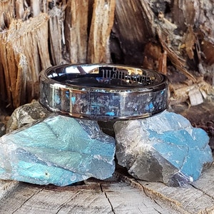 Midnight Borealis Ring - Labradorite Crystal Inlay, Tungsten Titanium Ceramic, Men Women, Wedding Ring, His Hers Promise, Engagement Ring