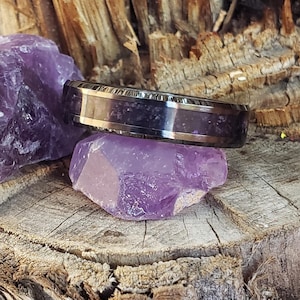 Dark Serenity Ring - Ametistkristallinlägg, Volfram Titan Keramik, Herr Dam, Vigselring, Hans Hennes Löfte, Förlovningsring 8 mm 6 mm