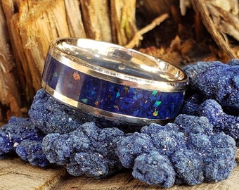 Deep Blue Ring - Azurite & Opal Crystal Inlay with Titanium, Tungsten, Black Ceramic, White Ceramic Band, 8mm