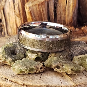 Trinity Ring - Trinitite Crystal Inlay, Tungsten Titanium Ceramic, Men Women, Wedding Ring, His Hers Promise, Engagement Ring 8mm 6mm