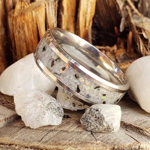 Moondust Ring - Rainbow Moonstone & Opal Crystal Inlay with Titanium, Tungsten, Black Ceramic, White Ceramic Band, 8mm