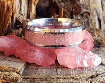 Soul Petals Ring - Rhodochrosite Crystal Inlay, Tungsten Titanium Ceramic, Men Women, Wedding Ring, His Hers Promise, Engagement Ring 8mm 6
