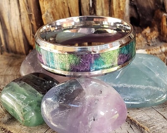 Clarity Ring - Rainbow Fluorite Crystal Inlay, Tungsten Titanium Ceramic, Men Women, Wedding Ring, His Hers Promise, Engagement Ring 8mm 6mm