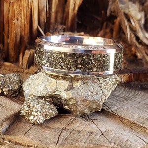El Dorado Ring - Pyrite Crystal Inlay Ring, Tungsten Titanium Ceramic, Men Women, Wedding Ring, His Hers Promise, Engagement 8mm 6mm