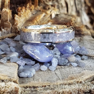 Oude ring - ingelegde ring met tanzanietkristal, wolfraamtitaniumkeramiek, mannen vrouwen, trouwring, hare belofte, verlovingsringen 8 mm 6 mm