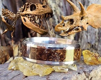 Jurassic Ring Dinosaur Bone Inlay, Tungsten Titanium Ceramic