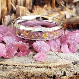 Pink Gold Ring - Pink Tourmaline & Gold Crystal Inlay, Tungsten Titanium Ceramic, Men Women, Wedding Ring, His Hers Promise, Engagement
