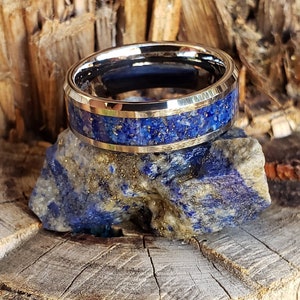 Royalty Ring - Lapis Lazuli Crystal Inlay, Tungsten Titanium Ceramic, Men Women, Wedding Ring, His Hers Promise, Engagement Ring 8mm 6mm