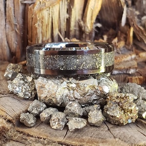 Milky Way Glow Ring - Pyrite & Glow Stone Crystal Inlay Ring, Tungsten Titanium Ceramic, Men Women, Wedding, His Hers Promise, Engagement