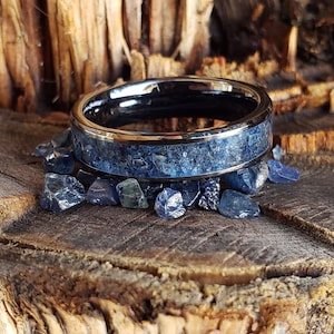 Anillo Sabiduría Oscura - Incrustaciones de cristal de zafiro azul, cerámica de tungsteno, unisex, anillo de boda, anillo de promesa, anillo de compromiso, 8 mm, 6 mm
