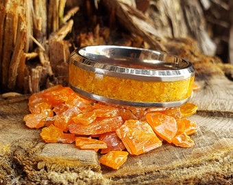 Desert Flame Ring - Wulfenite Crystal Inlay with Titanium, Tungsten, Black Ceramic, White Ceramic Band, 8mm