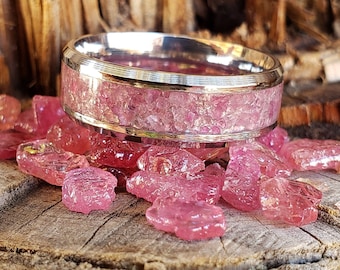 Desire Ring - Pink Ruby Crystal Inlay, Tungsten Titanium Ceramic, Men Women, Wedding Ring, His Hers Promise, Engagement Ring 8mm 6mm