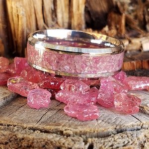 Desire Ring - Pink Ruby Crystal Inlay, Tungsten Titanium Ceramic, Men Women, Wedding Ring, His Hers Promise, Engagement Ring 8mm 6mm