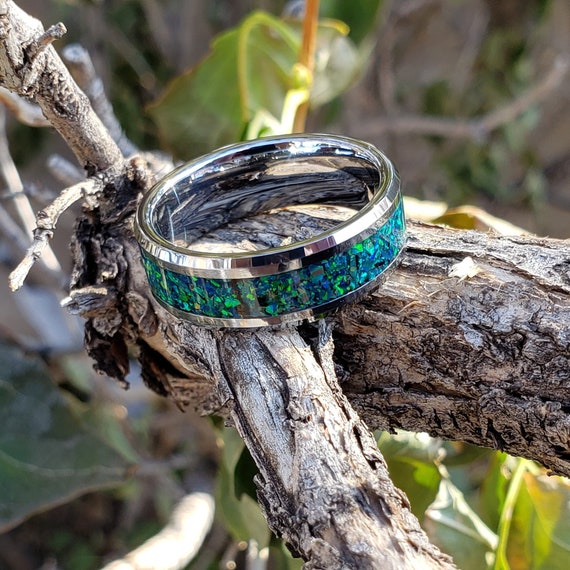Dragon Scale Ring - Green Opal Crystal Inlay, Tungsten Titanium