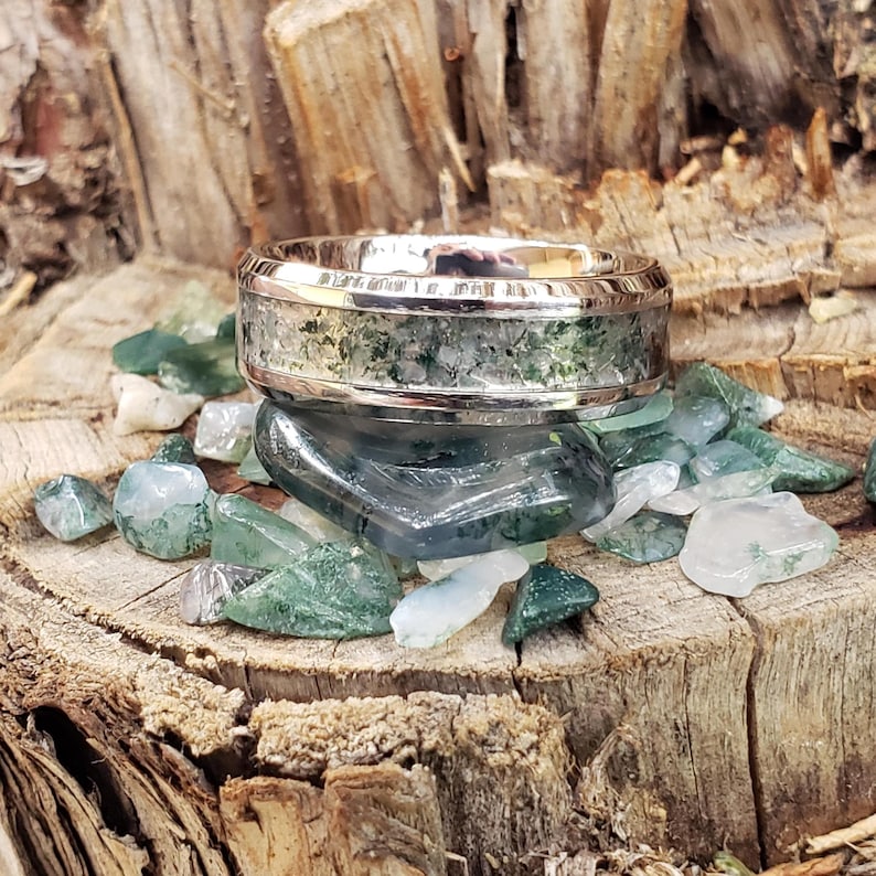 Gaia Ring - Moss Agate Crystal Inlay, Tungsten Titanium Ceramic, Men ...