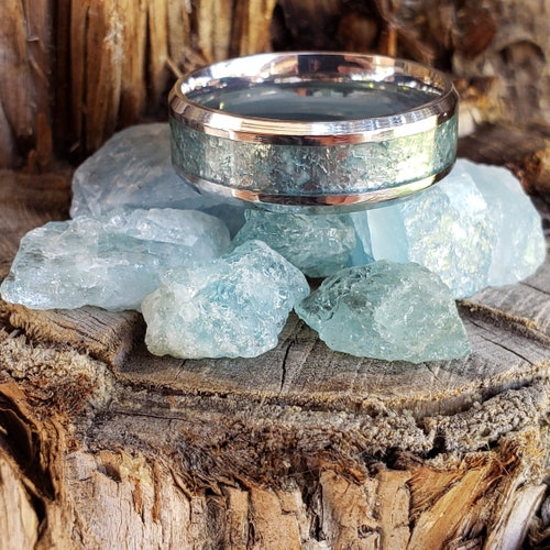 Open Sea Ring - Aquamarine Crystal Inlay, Tungsten Titanium