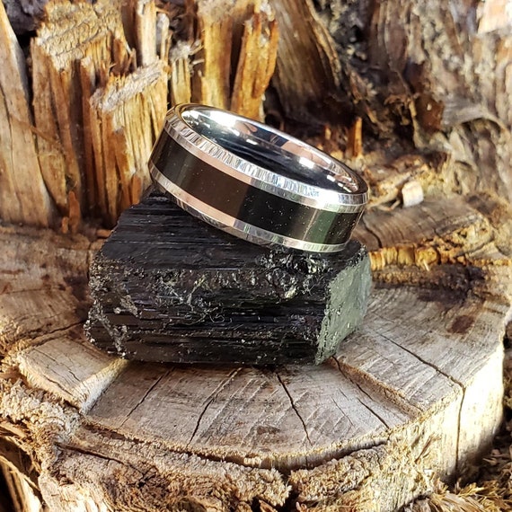 Guardian Ring Black Tourmaline Crystal Inlay, Tungsten Titanium