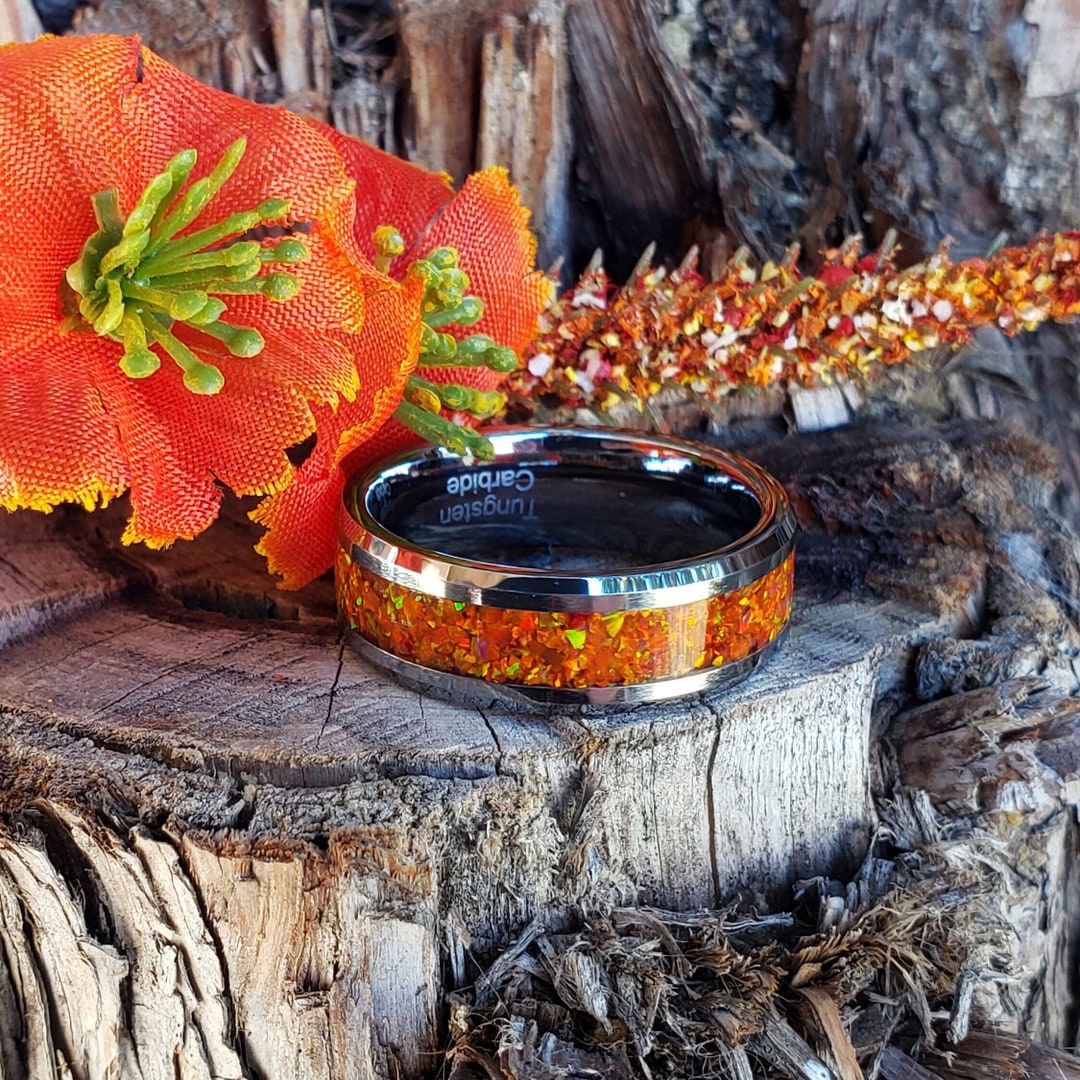 Monarch Ring - Orange Opal Crystal Inlay, Tungsten Titanium Ceramic ...