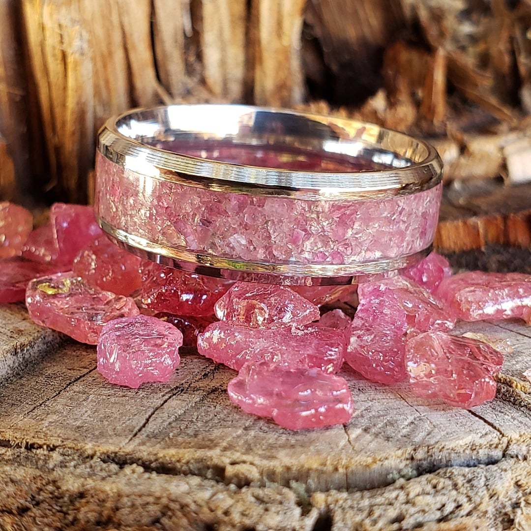 Ruby Inlaid Wring Desire Ring - Pink Ruby Crystal Inlay, Tungsten Titanium Ceramic, Men ...