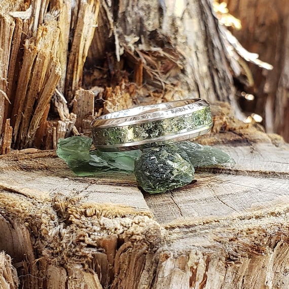 Moldavite Crystal (Slim) Inlay Ring, Tungsten Carbide Titanium Ceramic, Men Women, Wedding Ring, His Hers Promise Ring, Engagement Ring