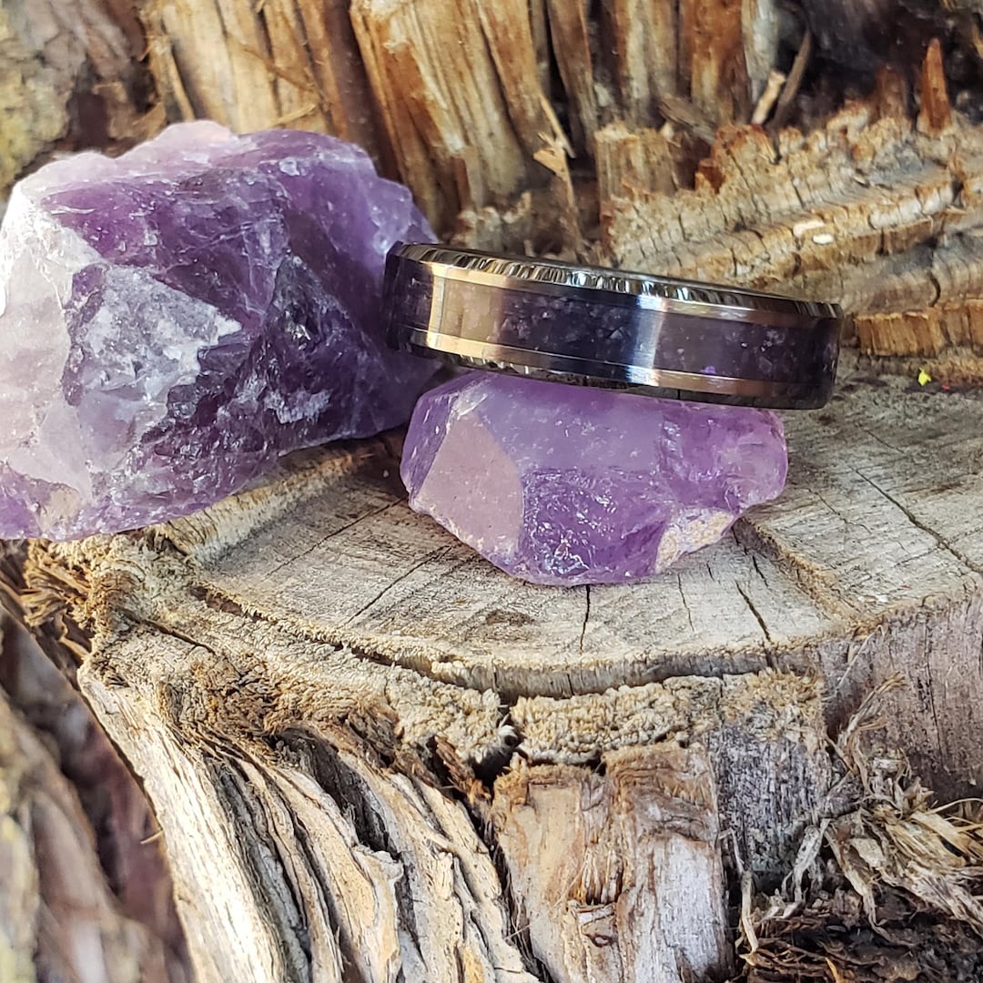 Dark Serenity Ring - Amethyst Crystal Inlay, Tungsten Titanium Ceramic ...