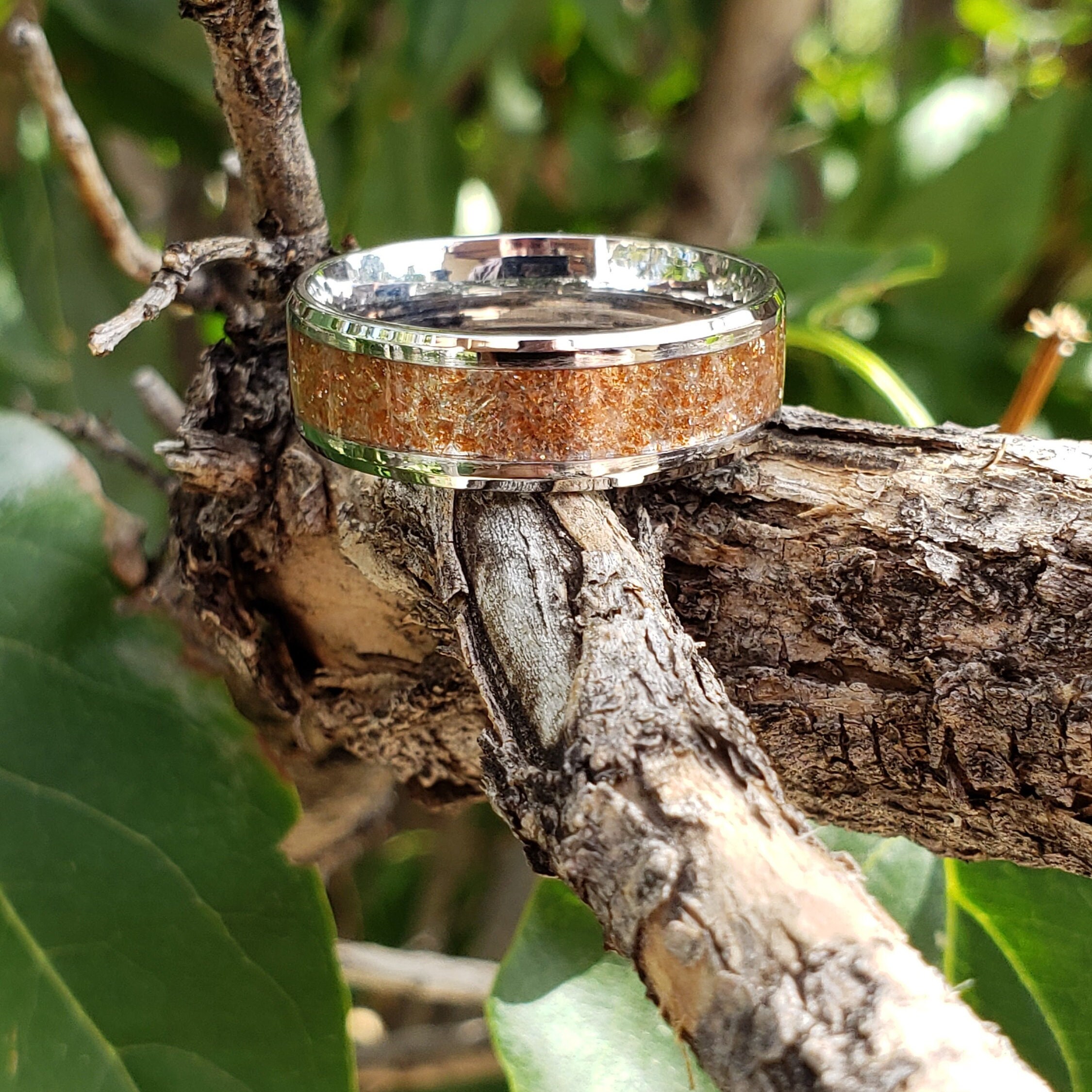 Solar Flair Ring - Sunstone Crystal Inlay, Tungsten Titanium