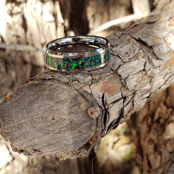 Dragon Scale Ring - Green Opal Crystal Inlay, Tungsten Titanium