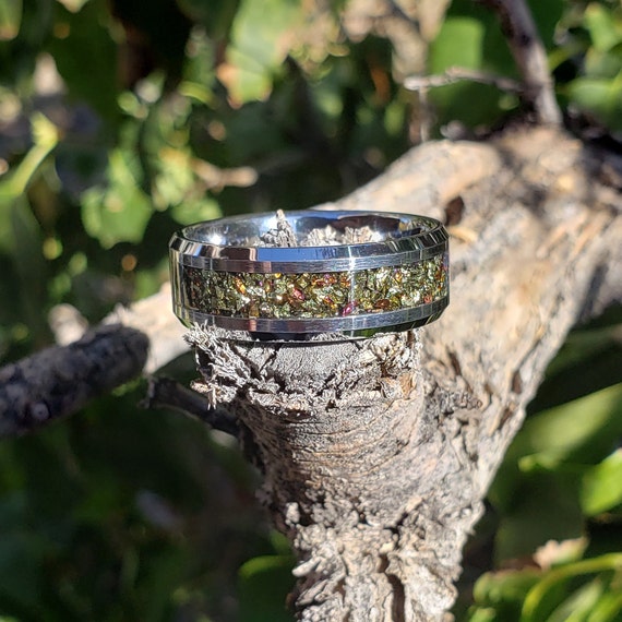 Rainbow Gold Ring - Chalcopyrite Crystal Inlay, Tungsten Titanium