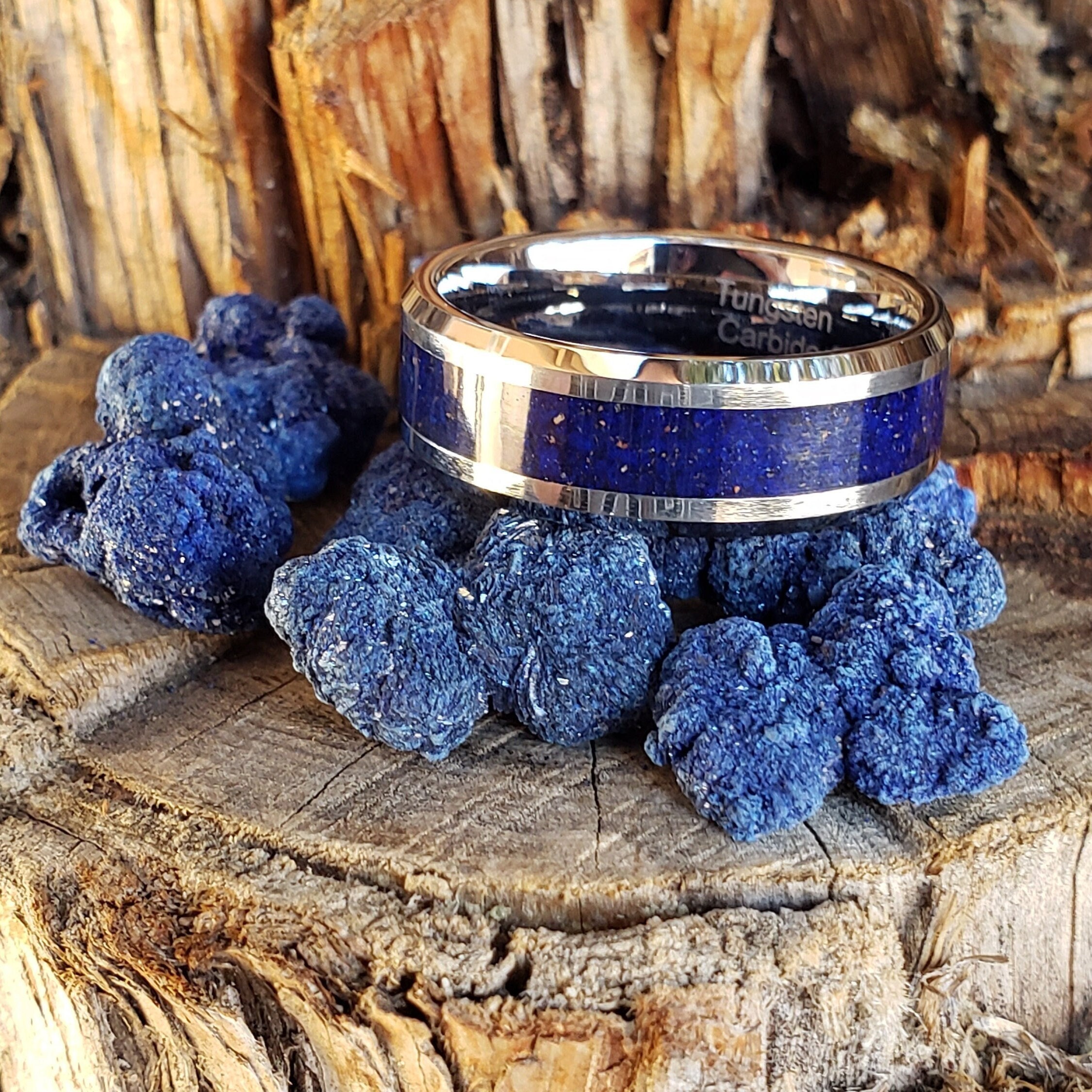 Azure Ring - Azurite Crystal Inlay, Tungsten Titanium Ceramic, Men