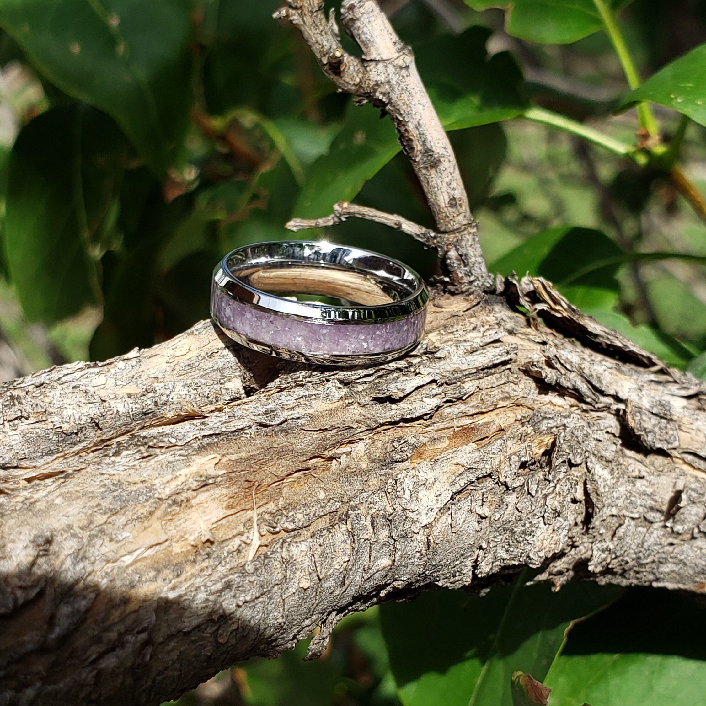 Lilac Ring - Lepidolite Crystal Inlay, Tungsten Titanium Ceramic