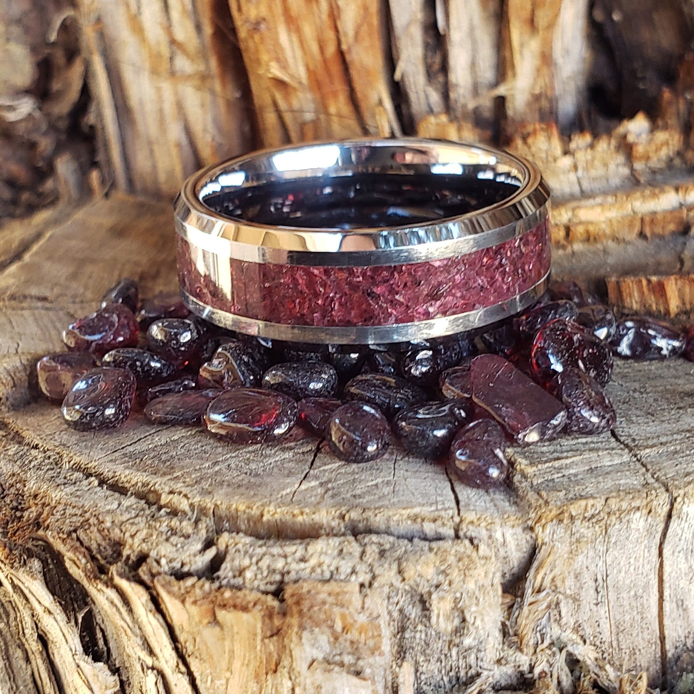 Red Star - Garnet Crystal Inlay Ring, Tungsten Titanium Ceramic