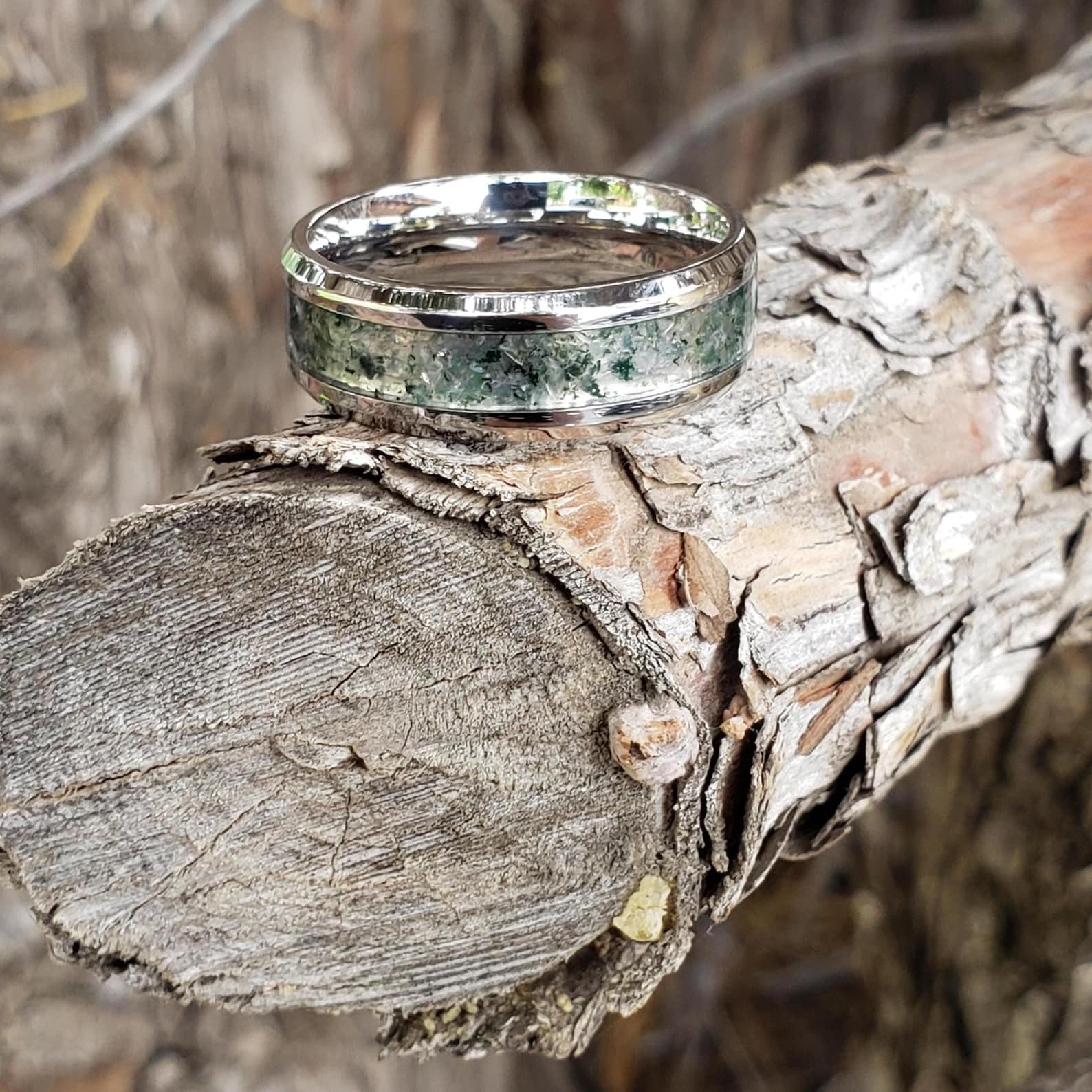 Gaia Ring - Moss Agate Crystal Inlay, Tungsten Titanium Ceramic, Men ...