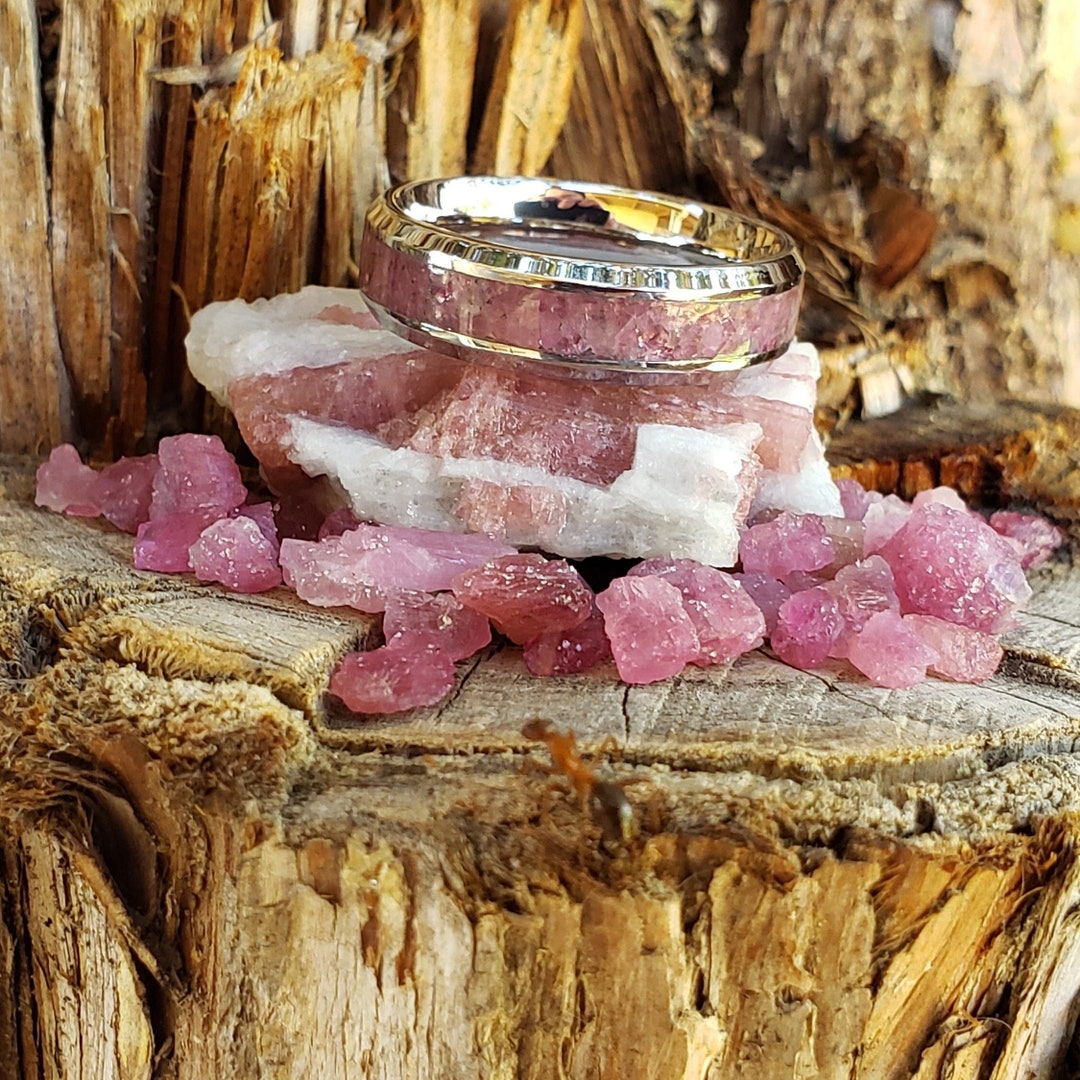 Heart Strings Ring - Pink Tourmaline Crystal Inlay, Tungsten Titanium ...