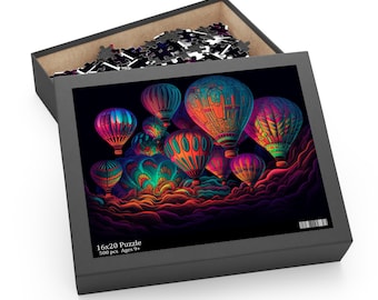 May include: A 500 piece jigsaw puzzle featuring a colourful illustration of hot air balloons against a dark background. The puzzle is 16x20 inches and is recommended for ages 9 and up.