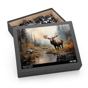 Nature Moose Puzzle, Outdoors Forest Puzzle, Jigsaw Puzzle of Nature, Moose Along River, Moose Artwork Puzzles, Outdoors Men Gift