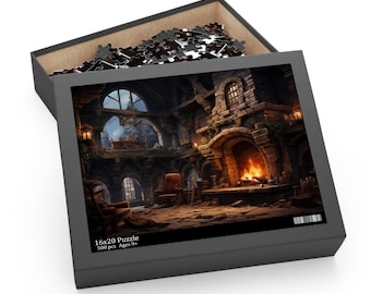 May include: A 500 piece jigsaw puzzle depicting a cozy stone room with a fireplace. The room has a large window with a view of a forest. The puzzle is for ages 9 and up.